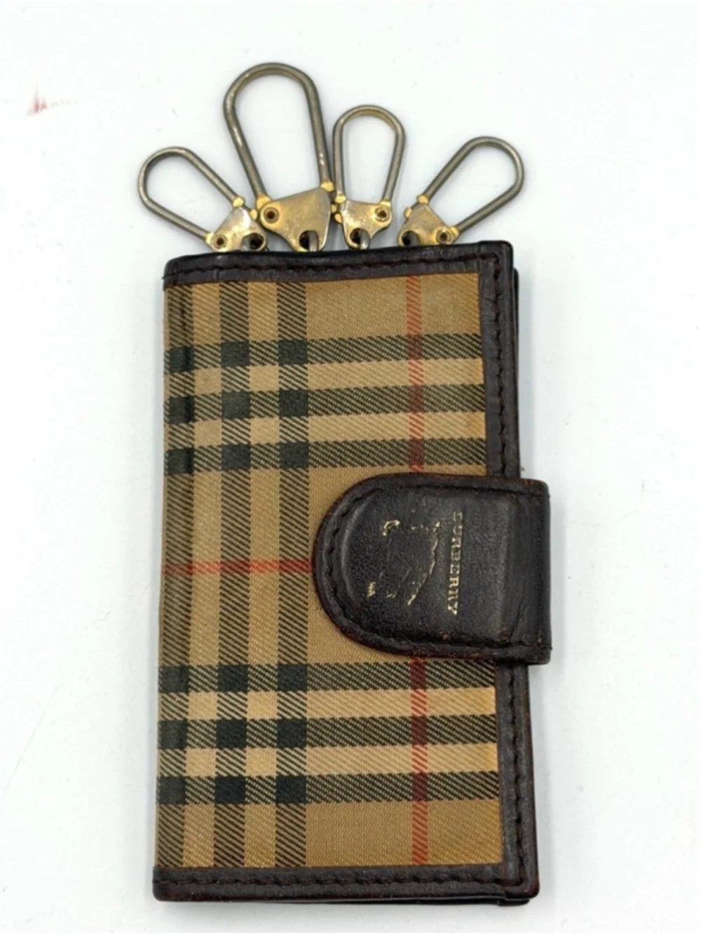 Burberry Nova Check Horse Logo Tri Fold Key Case Leather Trim Kier Corner Vtg - Picture 2 of 6